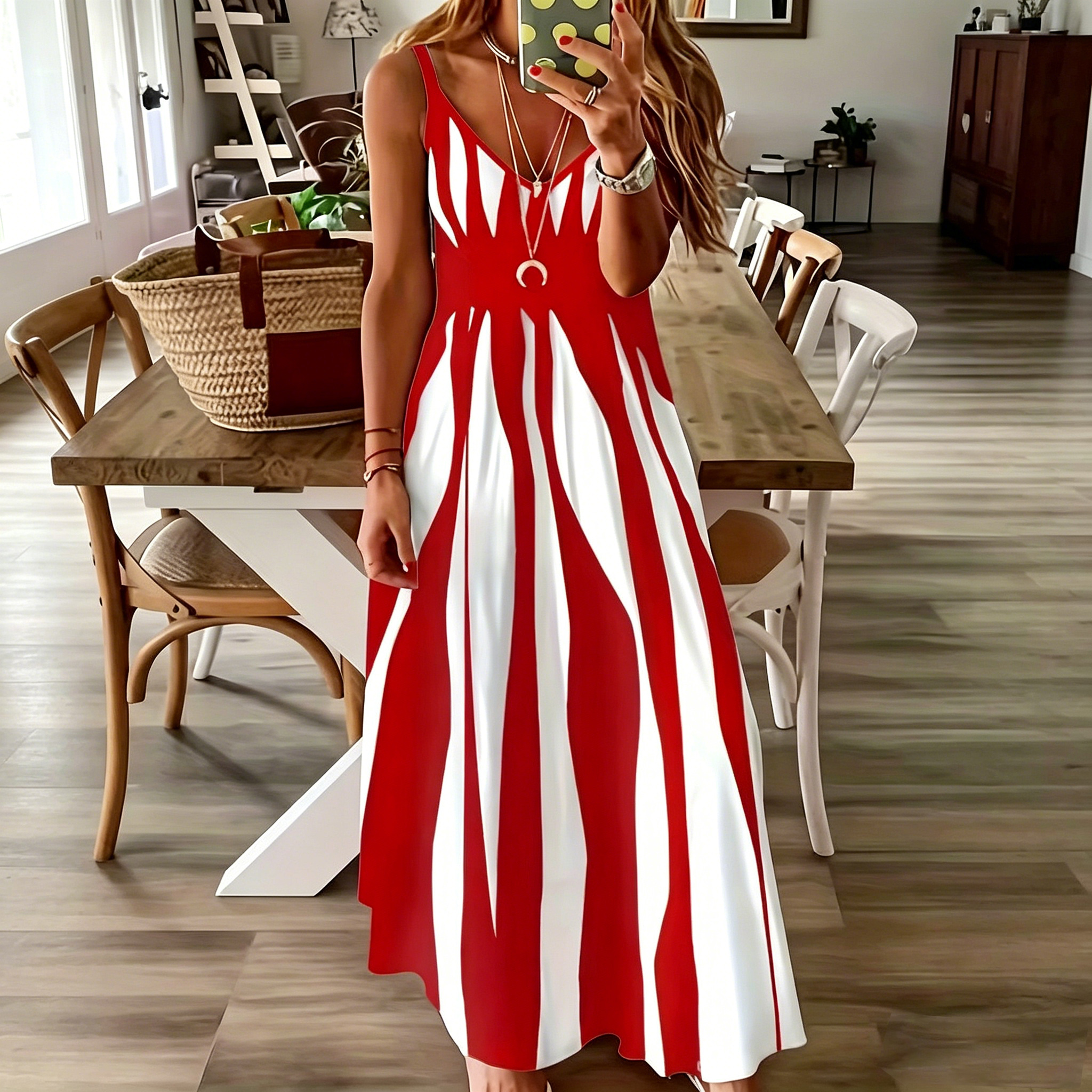 Women's V Neck Sleeveless Spaghetti Strap Maxi Dress, Vertical Irregular Stripe Print Loose Flowy Summer Casual Long Dress