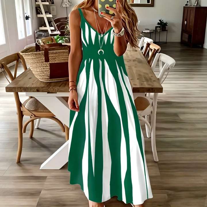 Women's V Neck Sleeveless Spaghetti Strap Maxi Dress, Vertical Irregular Stripe Print Loose Flowy Summer Casual Long Dress