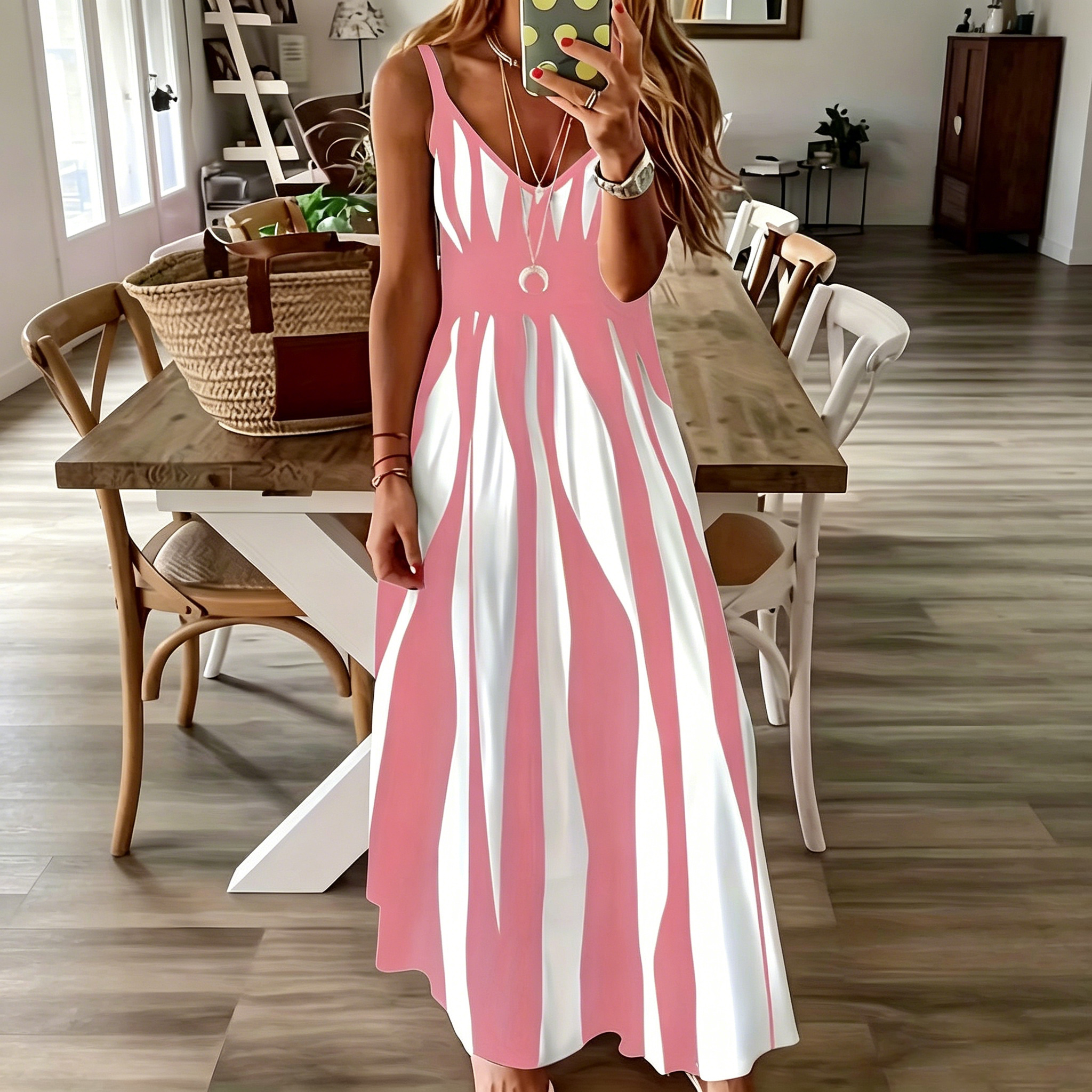 Women's V Neck Sleeveless Spaghetti Strap Maxi Dress, Vertical Irregular Stripe Print Loose Flowy Summer Casual Long Dress