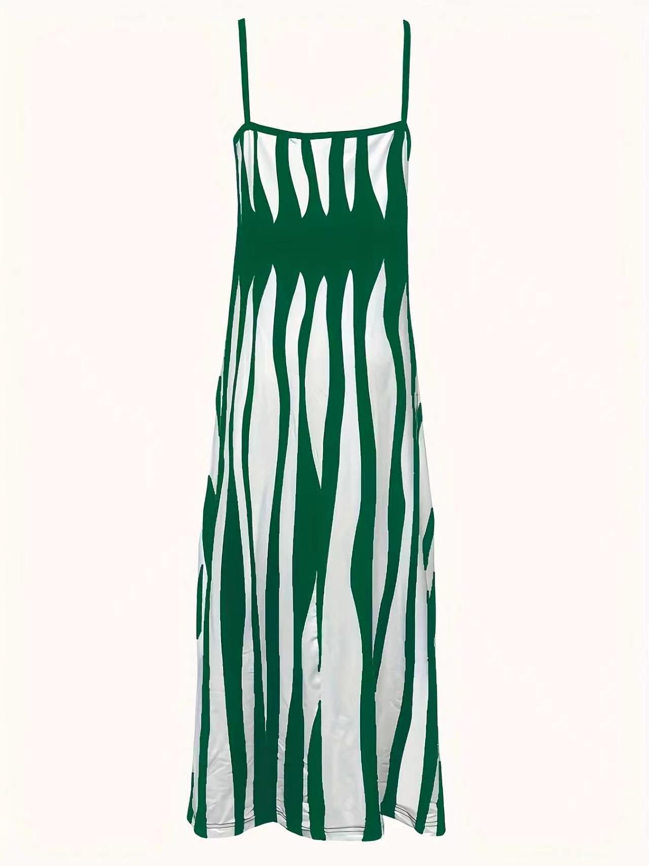 Women's V Neck Sleeveless Spaghetti Strap Maxi Dress, Vertical Irregular Stripe Print Loose Flowy Summer Casual Long Dress