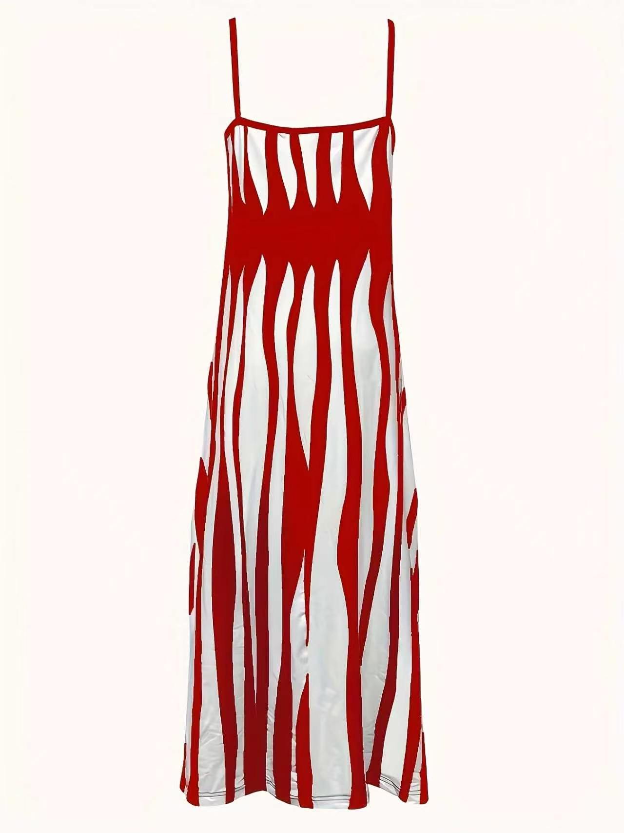 Women's V Neck Sleeveless Spaghetti Strap Maxi Dress, Vertical Irregular Stripe Print Loose Flowy Summer Casual Long Dress