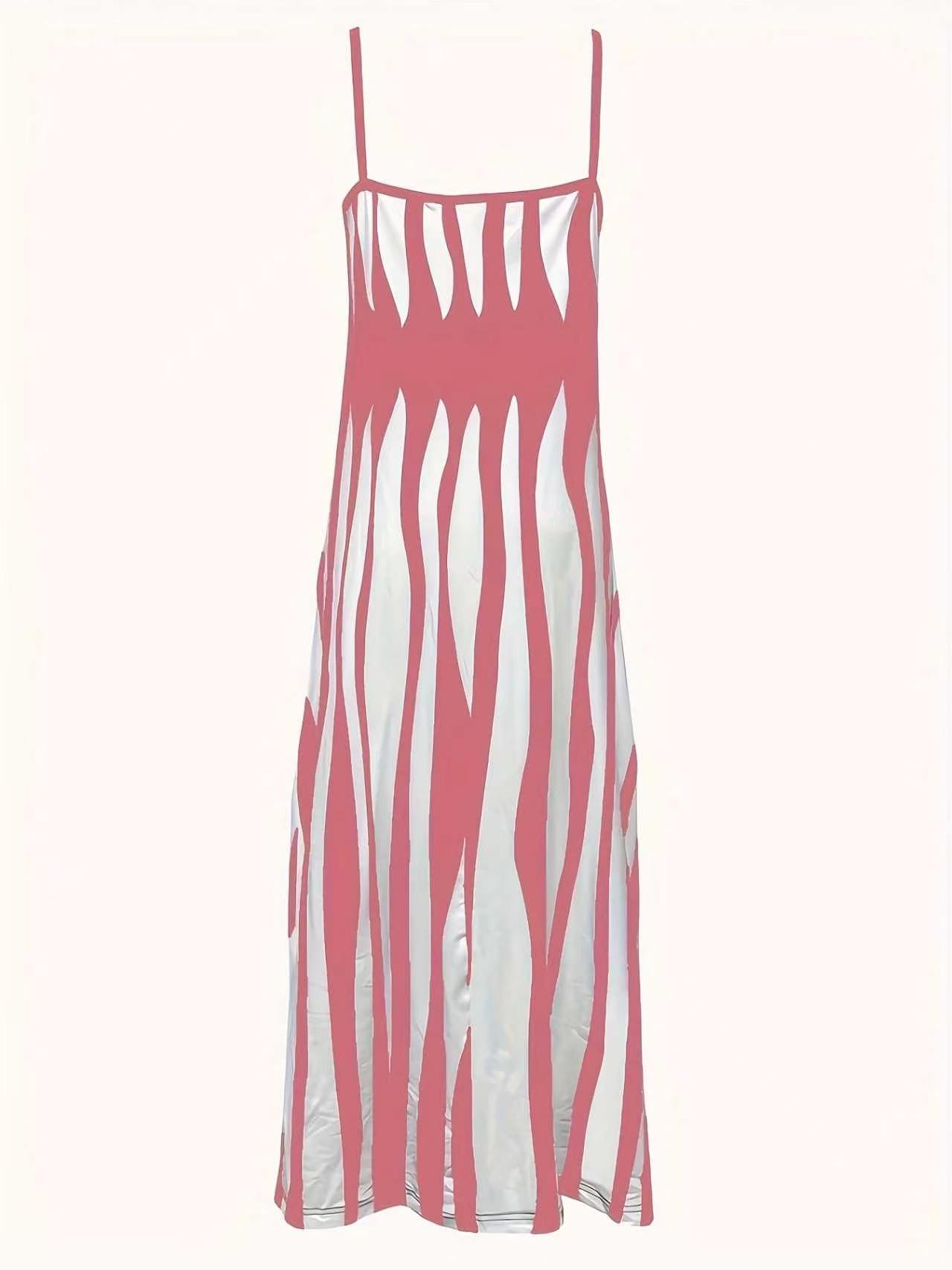Women's V Neck Sleeveless Spaghetti Strap Maxi Dress, Vertical Irregular Stripe Print Loose Flowy Summer Casual Long Dress