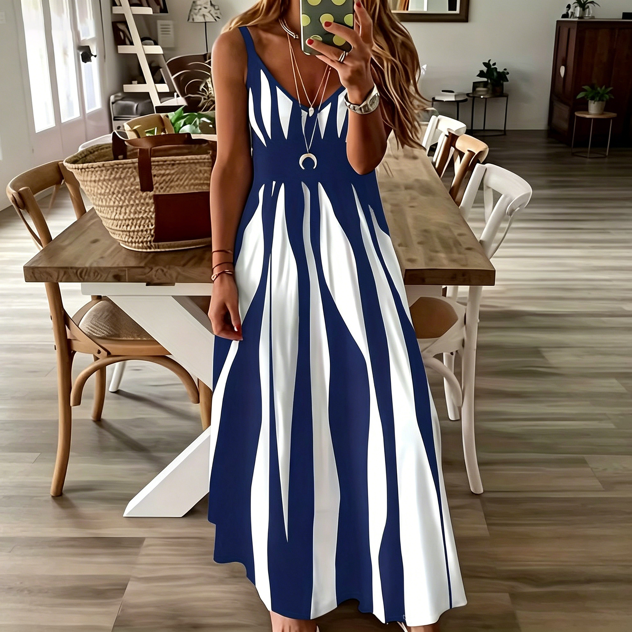 Women's V Neck Sleeveless Spaghetti Strap Maxi Dress, Vertical Irregular Stripe Print Loose Flowy Summer Casual Long Dress