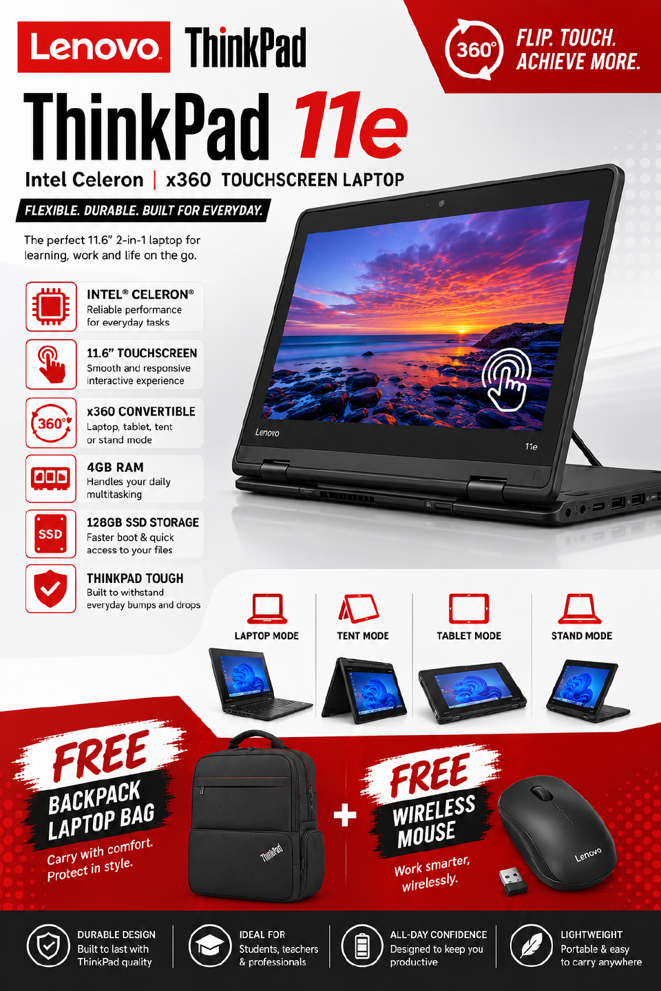 FOR CAMPUS STUDENTS🚨 Lenovo ThinkPad Yoga 11e X360 2-in-1 Laptop Intel 1.3GHz 4GB RAM 128GB SSD 13.3" Full HD Touchscreen Windows 11 Pro Office HDMI USB Ethernet + FREE Laptop Bag & Mouse