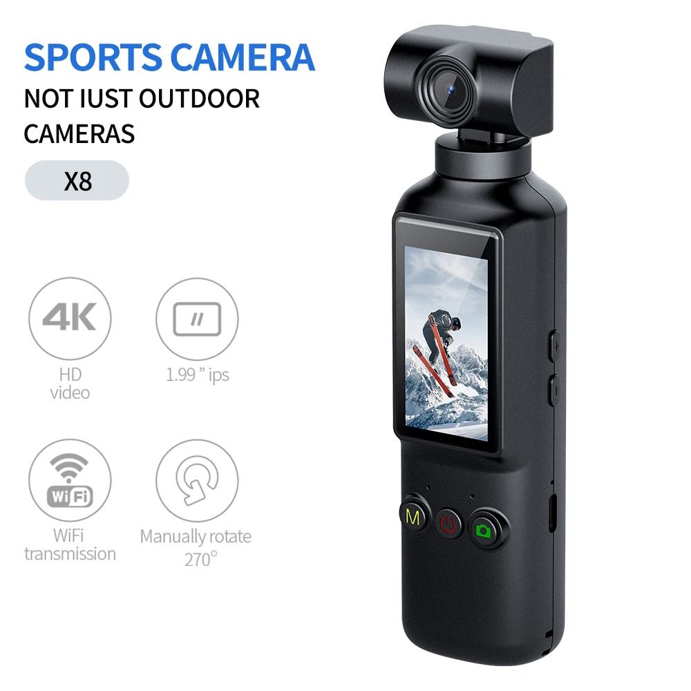 【Bantu Box】 X8  4K Handheld Pocket Sport Camera 1.99 Inch Screen 270° Rotation Mini Video Audio Pocket Camera for Cycling Meeting Daily Record Memory cards are accessories for cameras and are sold sep