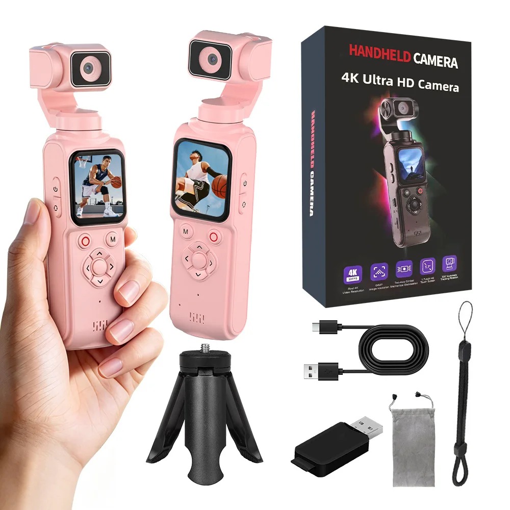 【Bantu Box】HJD05  4K HD Handheld Camera 330°Face Tracking Autofocus Action Camera Portable Pocket Cam Outdoors Travel Hiking Cycling Vlog Recorder Memory cards are accessories for cameras and are sold
