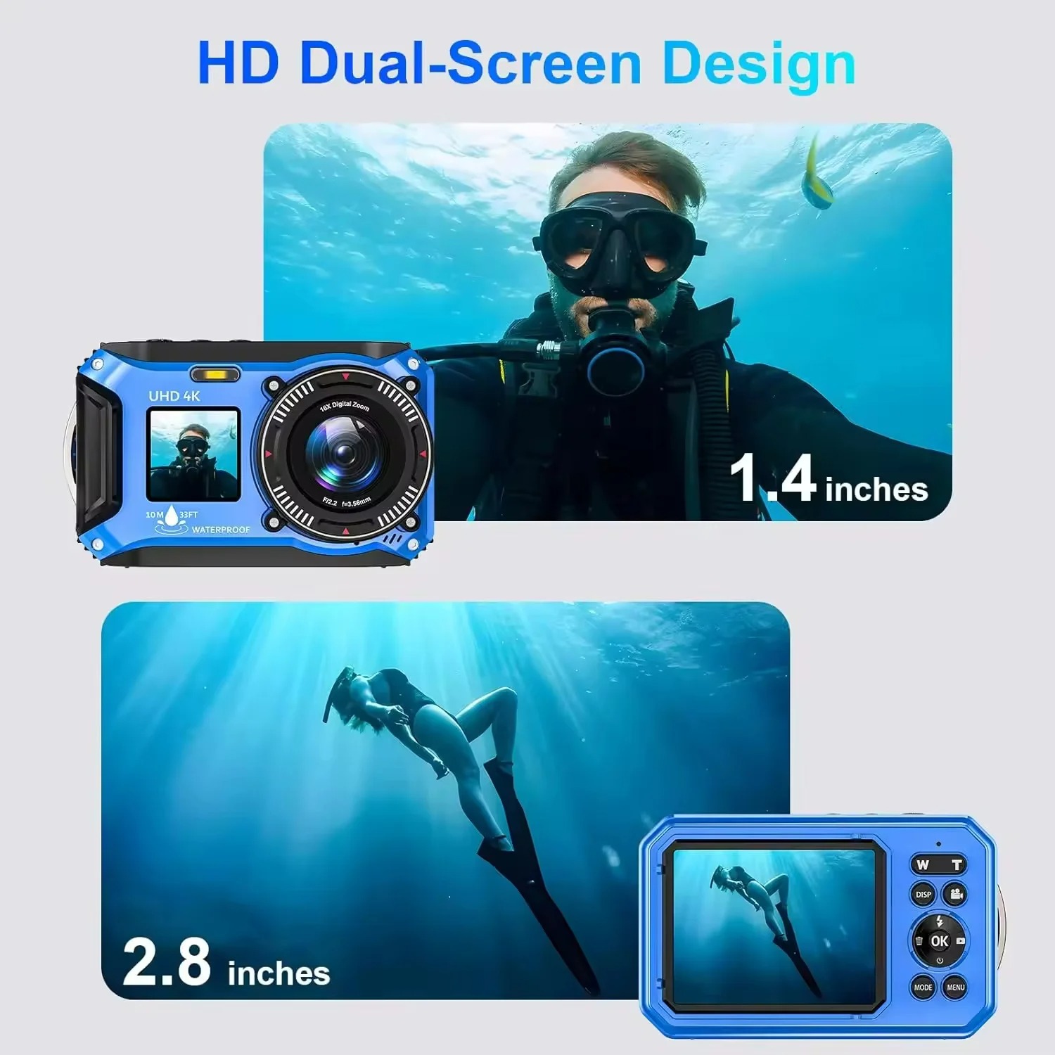 【Bantu Box】UP006  4K Underwater Camera 33FT Waterproof Camera for Snorkeling Dual-Screen Compact Dustproof Floatable Autofocus 64MP Digital Camera