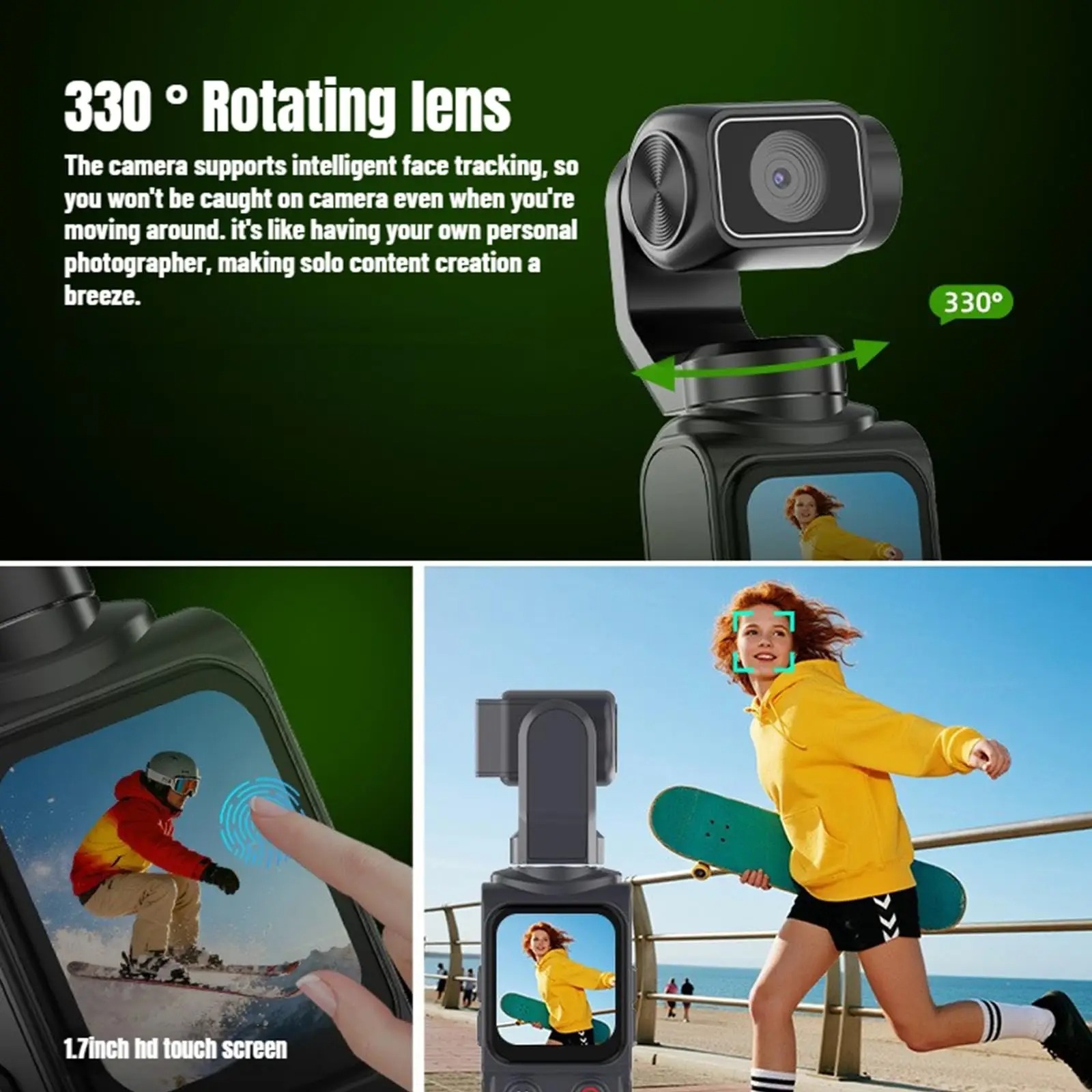【Bantu Box】HJD05  4K HD Handheld Camera 330°Face Tracking Autofocus Action Camera Portable Pocket Cam Outdoors Travel Hiking Cycling Vlog Recorder Memory cards are accessories for cameras and are sold
