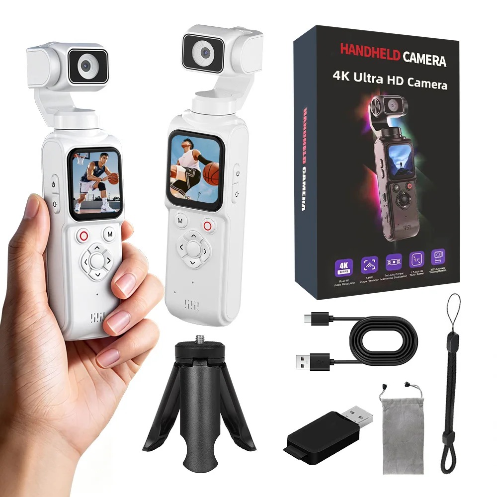 【Bantu Box】HJD05  4K HD Handheld Camera 330°Face Tracking Autofocus Action Camera Portable Pocket Cam Outdoors Travel Hiking Cycling Vlog Recorder Memory cards are accessories for cameras and are sold