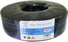 RG6 coaxial cables in black, commonly used for television, satellite, and CCTV systems. 95% shielded cable, designed to minimize signal interference.