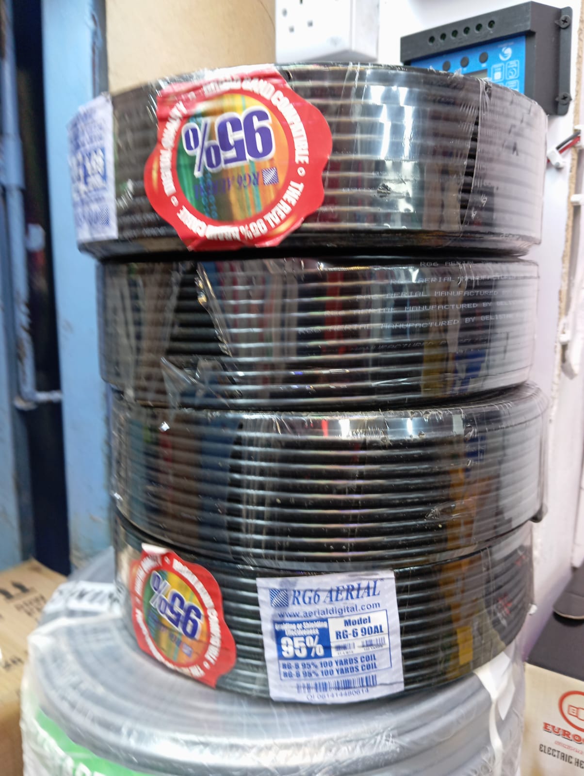 RG6 coaxial cables in black, commonly used for television, satellite, and CCTV systems. 95% shielded cable, designed to minimize signal interference.