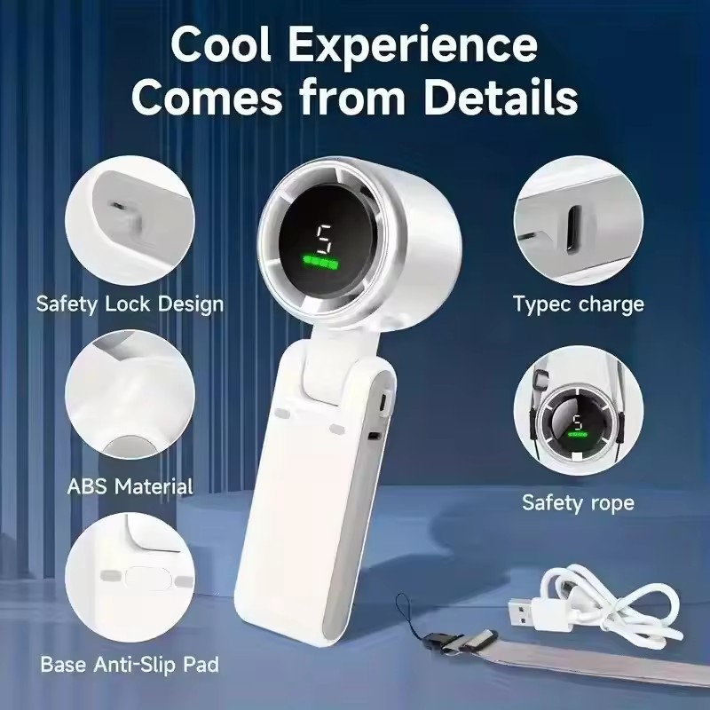 1PC NEW 2026 Handheld Fan Portable Foldable USB Rechargeable, Ultra Quiet 5-speed Adjustable, 1200mAh Battery