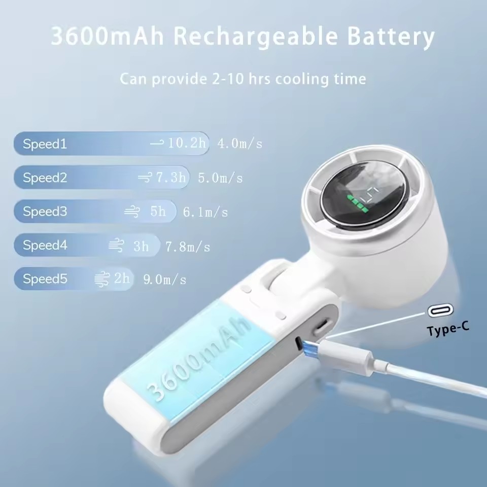 1PC NEW 2026 Handheld Fan Portable Foldable USB Rechargeable, Ultra Quiet 5-speed Adjustable, 1200mAh Battery
