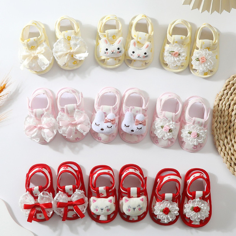 Baby Shoes Lace Summer Sandals 0-12 Months Newborns Step Shoes Female Baby Cloth Shoes Cute Anti slip Breathable Soft Bottom