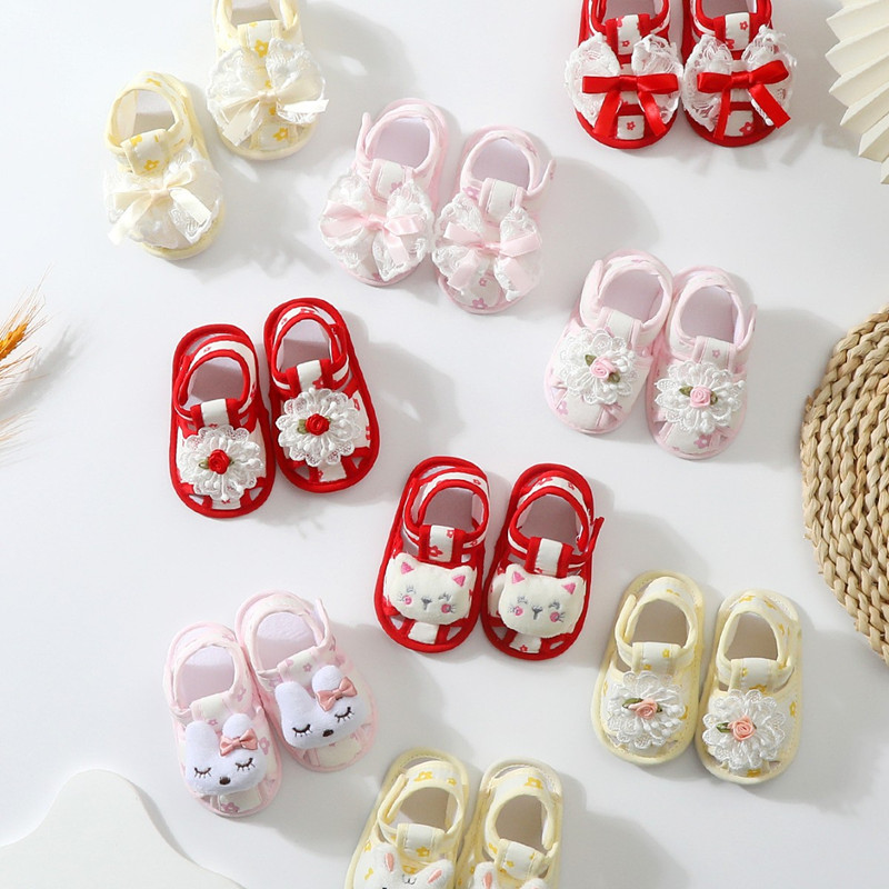 Baby Shoes Lace Summer Sandals 0-12 Months Newborns Step Shoes Female Baby Cloth Shoes Cute Anti slip Breathable Soft Bottom