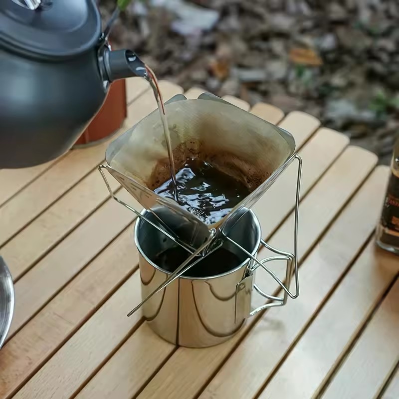 Portable Camping Coffee Filter Foldable Stainless Steel Pour Over Dripper with Stand Outdoor Travel & Hiking Gear