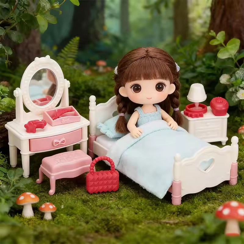 12Pcs  DollHouse Miniature Bedroom Doll Furniture Model Realistic Mini Bed Frame Bedside Tables Dressers for DIY Play House Toy