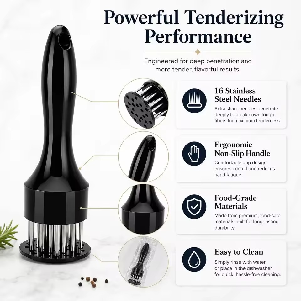 Heavy Duty Meat Tenderizer 16 Needles, Stainless Steel Meat Piercer for Pork Chop Steak, Easy Clean