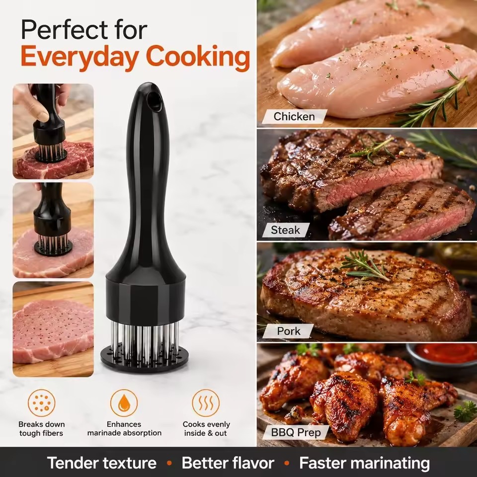 Heavy Duty Meat Tenderizer 16 Needles, Stainless Steel Meat Piercer for Pork Chop Steak, Easy Clean
