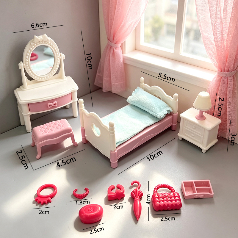 12Pcs  DollHouse Miniature Bedroom Doll Furniture Model Realistic Mini Bed Frame Bedside Tables Dressers for DIY Play House Toy