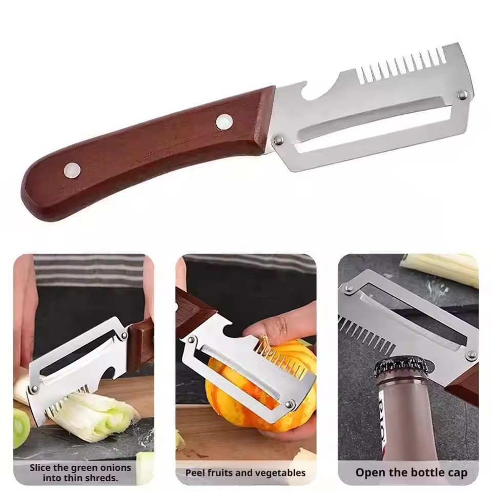 New Three in One Multifunctional Peeler, Scallion Slicer, Wooden Handle, Suitable for Sugarcane, Fruits, and Vegetables
