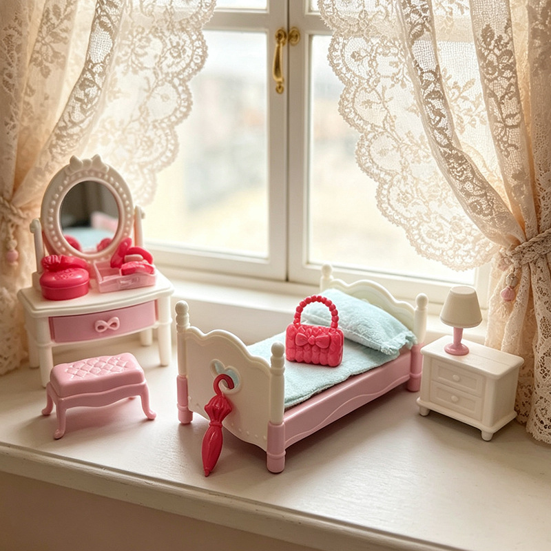 12Pcs  DollHouse Miniature Bedroom Doll Furniture Model Realistic Mini Bed Frame Bedside Tables Dressers for DIY Play House Toy