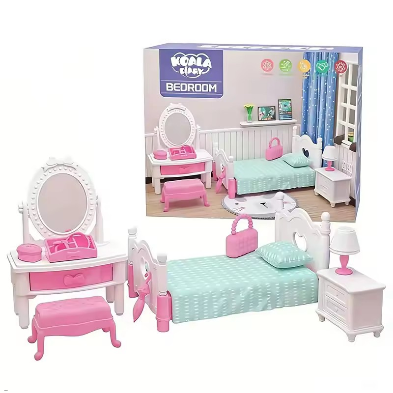 12Pcs  DollHouse Miniature Bedroom Doll Furniture Model Realistic Mini Bed Frame Bedside Tables Dressers for DIY Play House Toy