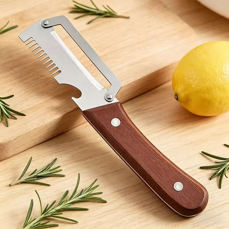 New Three in One Multifunctional Peeler, Scallion Slicer, Wooden Handle, Suitable for Sugarcane, Fruits, and Vegetables