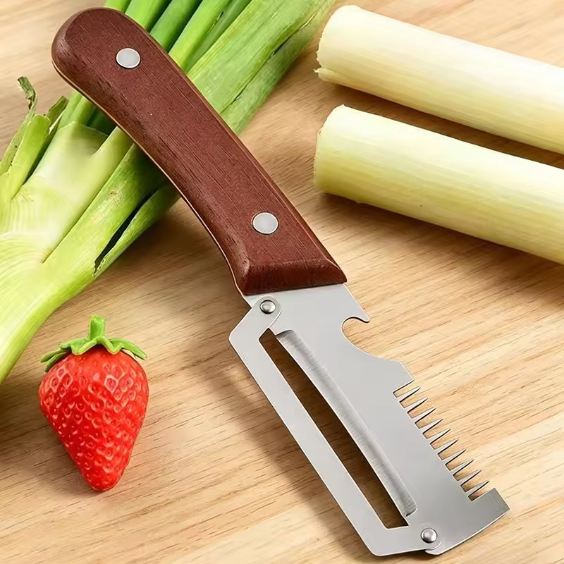 New Three in One Multifunctional Peeler, Scallion Slicer, Wooden Handle, Suitable for Sugarcane, Fruits, and Vegetables
