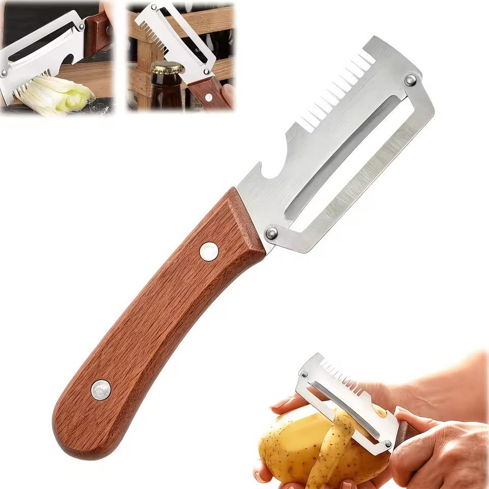 New Three in One Multifunctional Peeler, Scallion Slicer, Wooden Handle, Suitable for Sugarcane, Fruits, and Vegetables