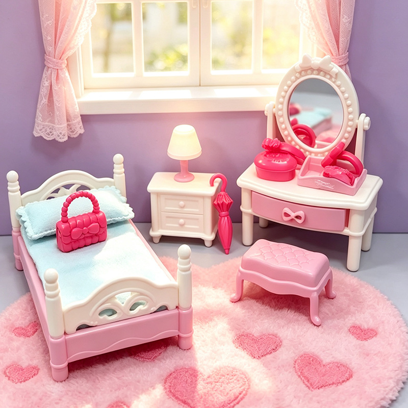 12Pcs  DollHouse Miniature Bedroom Doll Furniture Model Realistic Mini Bed Frame Bedside Tables Dressers for DIY Play House Toy