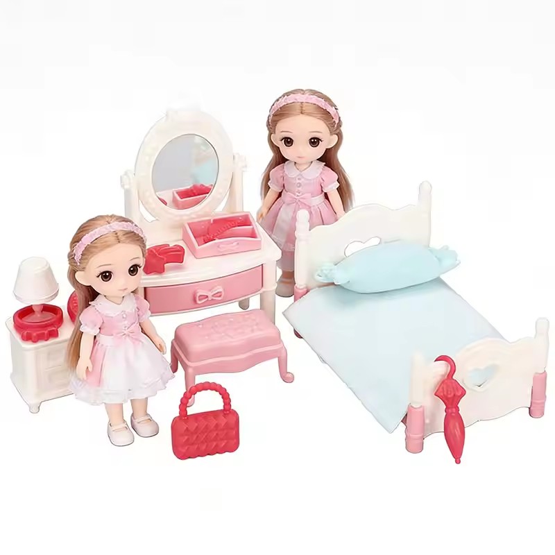 12Pcs  DollHouse Miniature Bedroom Doll Furniture Model Realistic Mini Bed Frame Bedside Tables Dressers for DIY Play House Toy