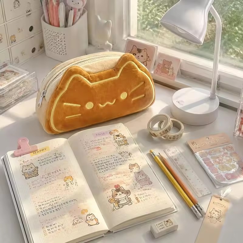 Cute Caramel Cat Plush Pen Case Large Capacity, Perfect Birthday Gift For Primary And Secondary School Students Gift Prizes