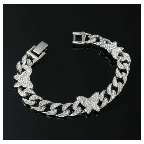 Women's Iced Out Sophisticated Diamond Silver Watch + Butterfly Cuban Bracelet Set - High-Quality Fashion Analogue Wristwatch Female Casual Ladies Quartz Watches Jewelry Set