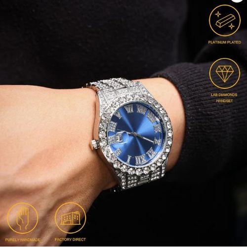 Women's Iced Out Sophisticated Diamond Silver Watch + Butterfly Cuban Bracelet Set - High-Quality Fashion Analogue Wristwatch Female Casual Ladies Quartz Watches Jewelry Set