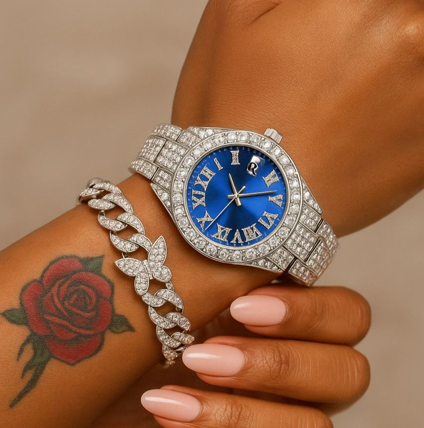 Women's Iced Out Sophisticated Diamond Silver Watch + Butterfly Cuban Bracelet Set - High-Quality Fashion Analogue Wristwatch Female Casual Ladies Quartz Watches Jewelry Set