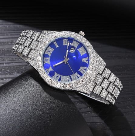 Women's Iced Out Sophisticated Diamond Silver Watch + Butterfly Cuban Bracelet Set - High-Quality Fashion Analogue Wristwatch Female Casual Ladies Quartz Watches Jewelry Set