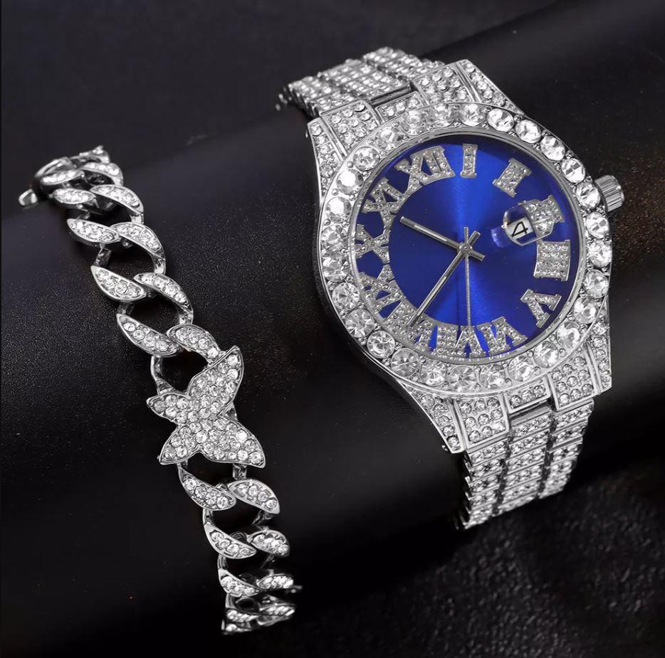 Women's Iced Out Sophisticated Diamond Silver Watch + Butterfly Cuban Bracelet Set - High-Quality Fashion Analogue Wristwatch Female Casual Ladies Quartz Watches Jewelry Set