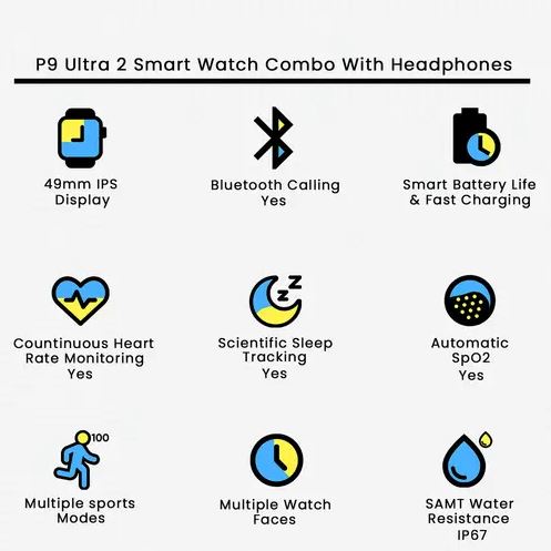 P9 Ultra 3 Smart Watch Ultra 10 In 1 Waterproof 7 Straps + Earphones Men Women 49MM Bluetooth Call Heart Rate Wireless Charging Fitness Bracelet Smartwatch Set