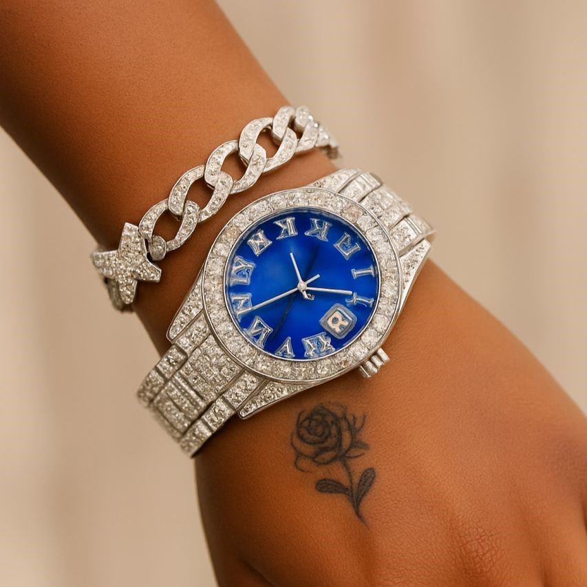 Women's Iced Out Sophisticated Diamond Silver Watch + Butterfly Cuban Bracelet Set - High-Quality Fashion Analogue Wristwatch Female Casual Ladies Quartz Watches Jewelry Set