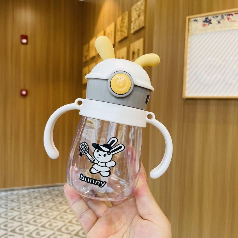 Kids Bunny Training Straw Cup with Dual Handles Leakproof Water Bottle