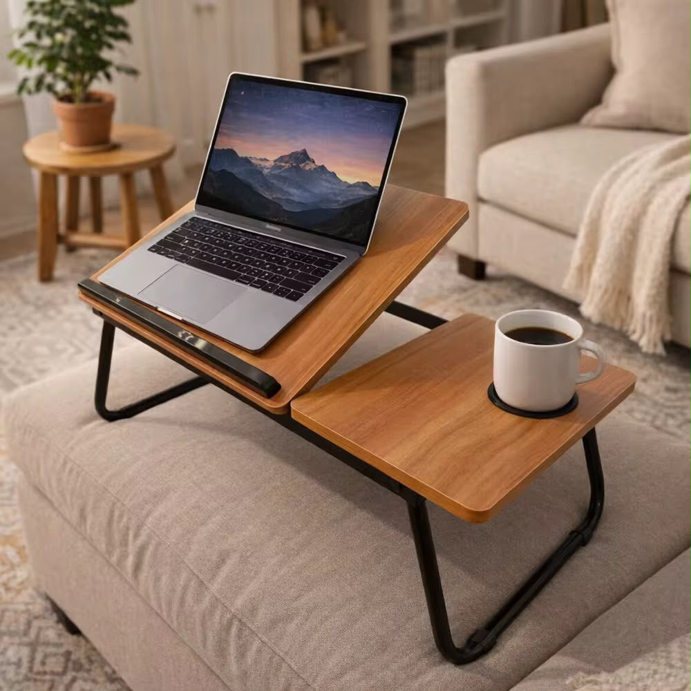 Foldable Laptop Bed Table with Cup Holder & Side Tray Portable Study Desk