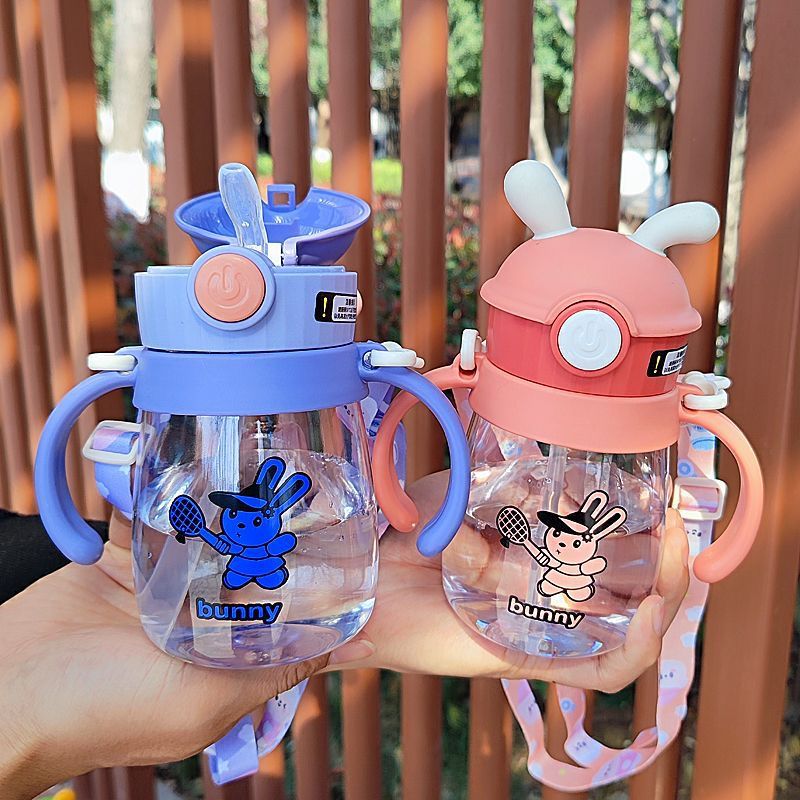 Kids Bunny Training Straw Cup with Dual Handles Leakproof Water Bottle