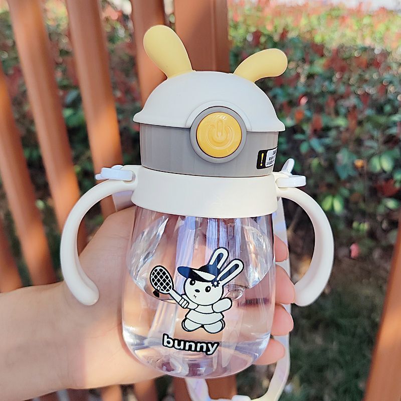 Kids Bunny Training Straw Cup with Dual Handles Leakproof Water Bottle