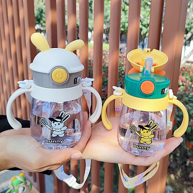 Kids Bunny Training Straw Cup with Dual Handles Leakproof Water Bottle