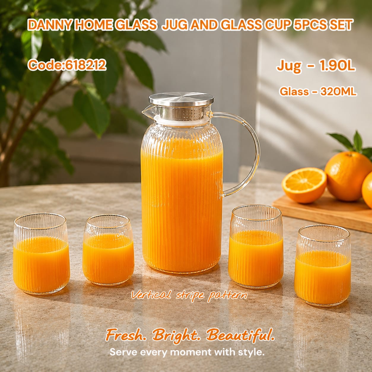 DANNY HOME Glass Jug & Glass Cup Set – 5PCS Drinkware Set