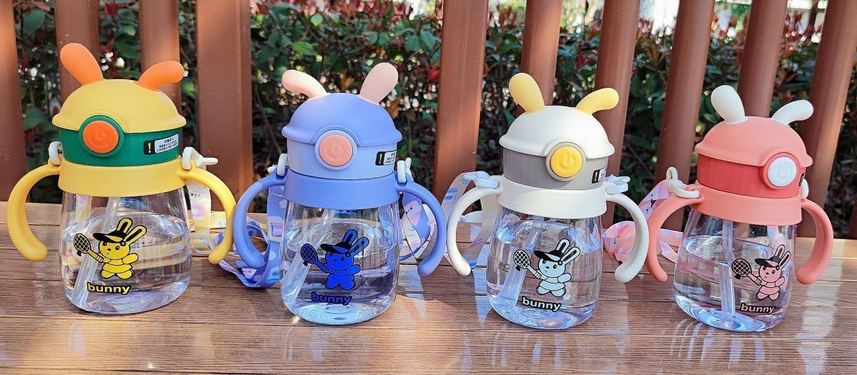 Kids Bunny Training Straw Cup with Dual Handles Leakproof Water Bottle