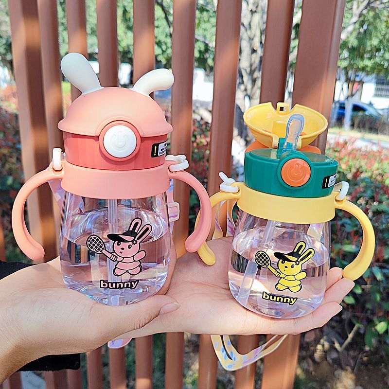 Kids Bunny Training Straw Cup with Dual Handles Leakproof Water Bottle