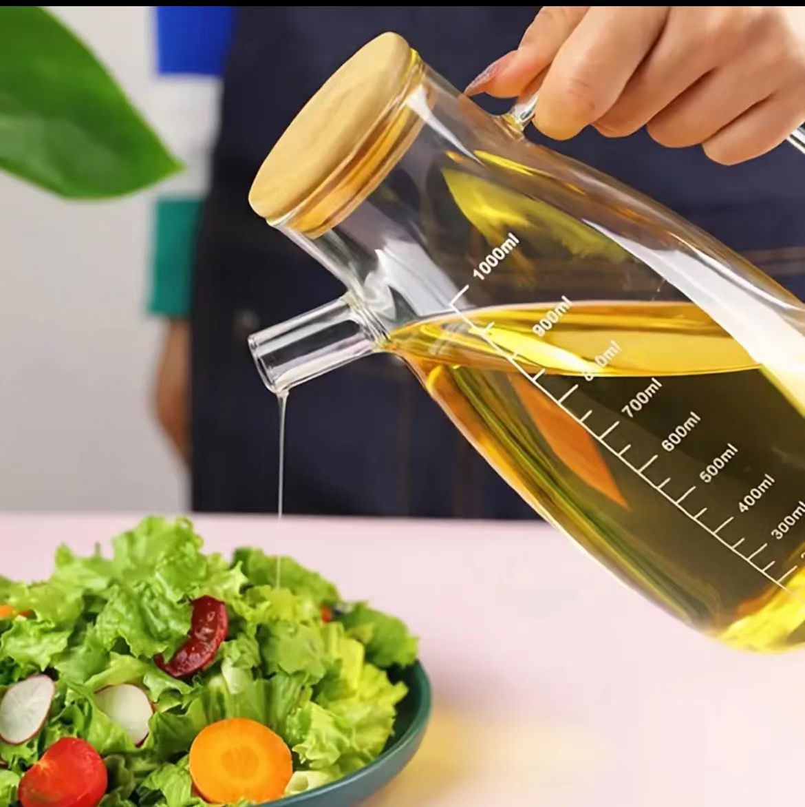 1L Glass Oil Dispenser Bottle with Handle & Bamboo Lid – Leakproof Cooking Oil Container
