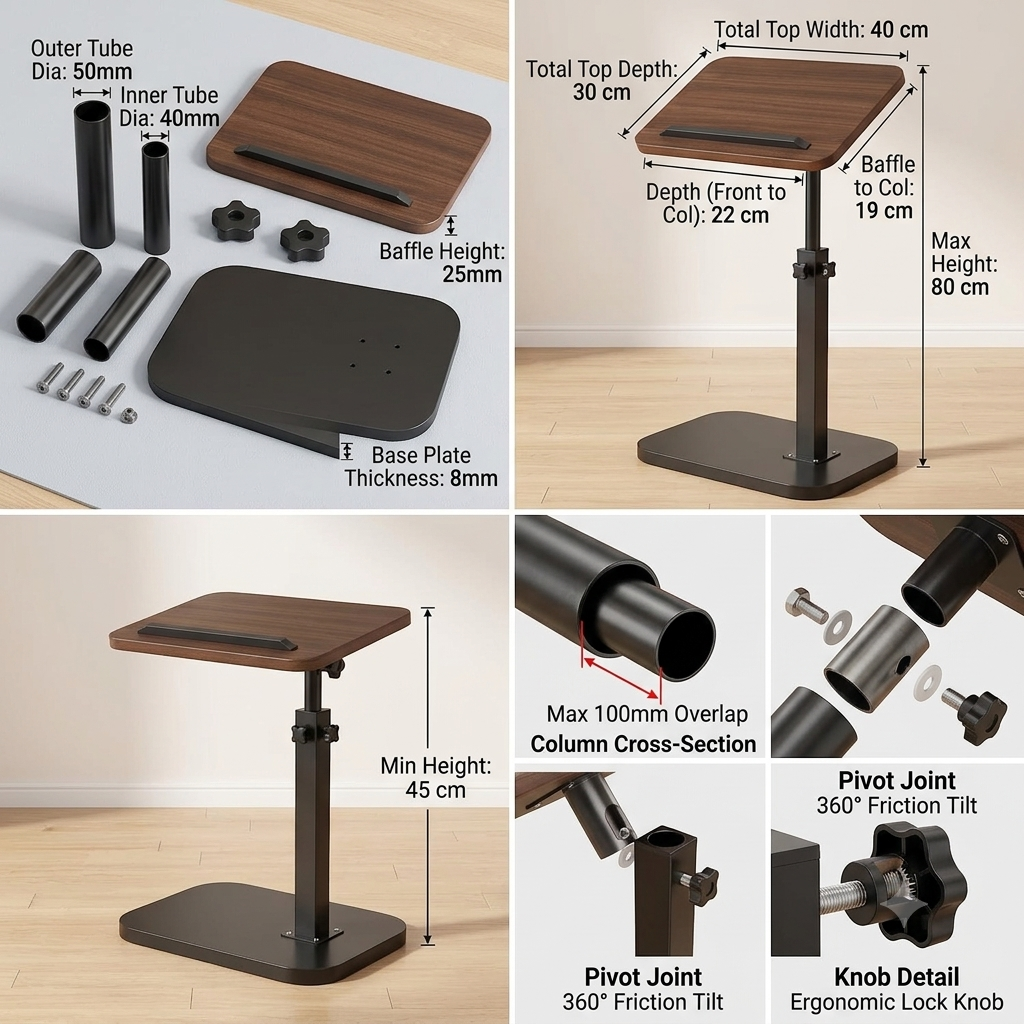 Adjustable C-Shaped Side Table Laptop Desk Sofa Bedside Table with Metal Frame.